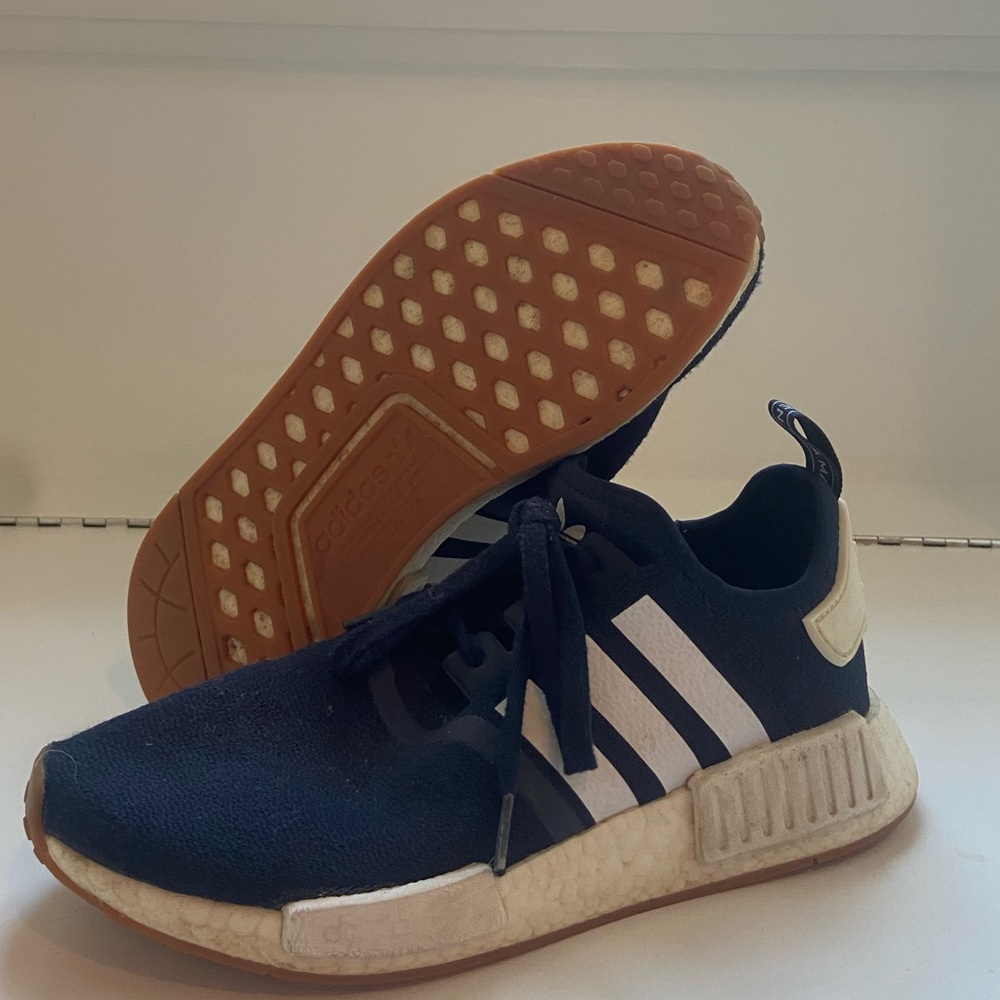 Adidas Men’s NMD R1.   Collegiate Navy/White/Gum.    U.S Size 8.5.   Worn
